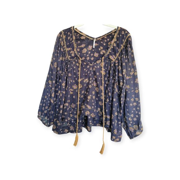 Free People Black Gold Sunflower Pattern Never a Dull Moment Peasant Blouse S - Picture 2 of 12